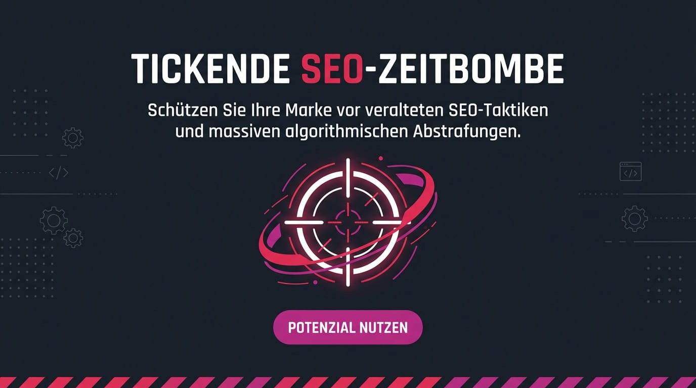 Banner mit Überschrift 'Tickende SEO-Zeitbombe' und einem Fadenkreuz als Symbol für veraltete Taktiken.