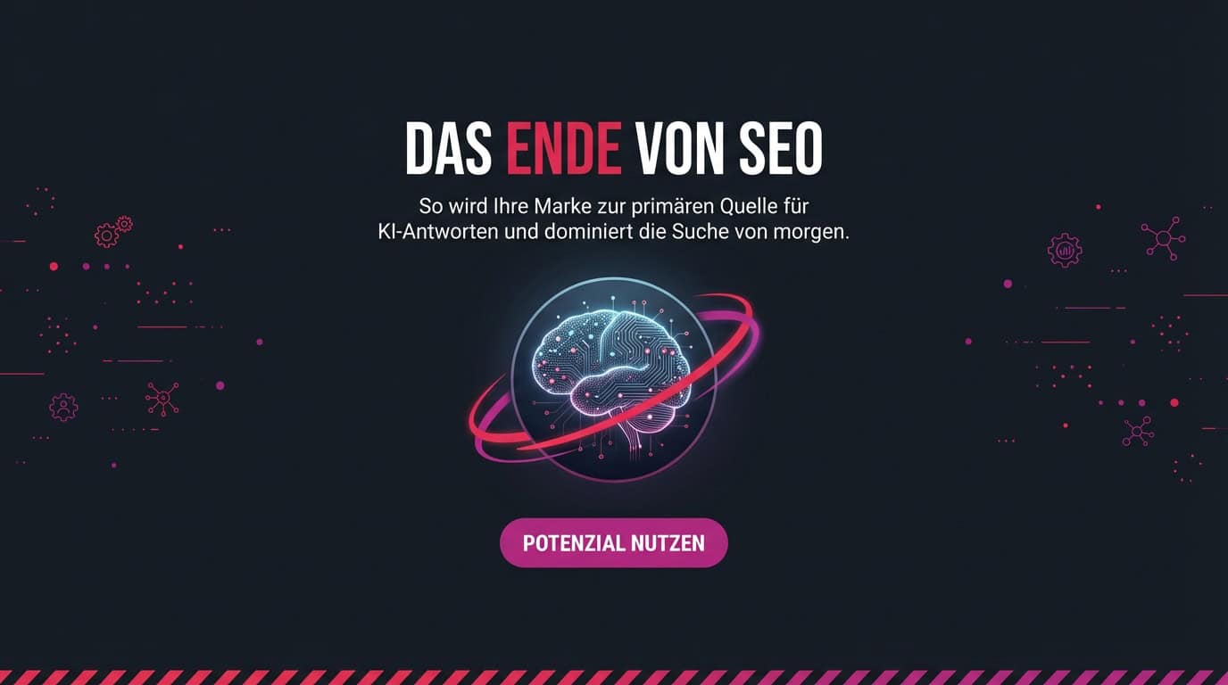 Grafik zum Ende von SEO: Ein leuchtendes KI-Gehirn symbolisiert die Zukunft der KI-Suche.