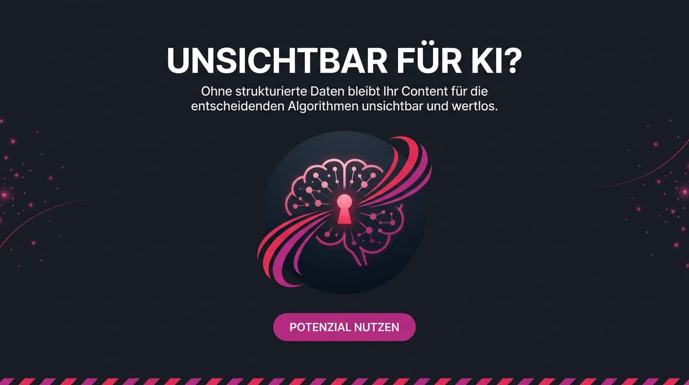 Infografik: Die Frage 'Unsichtbar für KI?' über einem Gehirn-Symbol mit Schlüsselloch.