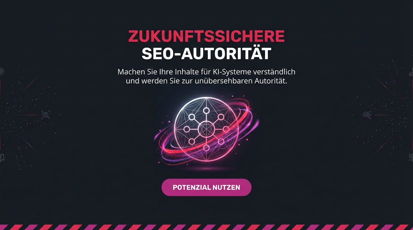 Grafik über SEO-Autorität mit einem leuchtenden Datennetz-Symbol für KI-verständliche Inhalte.