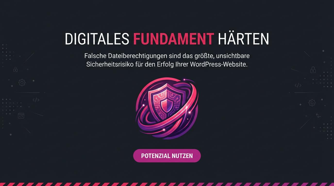 Grafik mit Text "Digitales Fundament härten" und einem Sicherheitsschild-Icon für WordPress.