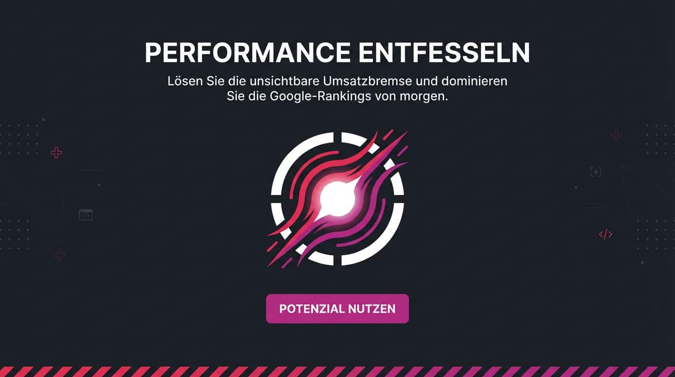 Banner mit Text 'Performance entfesseln' und abstraktem Energie-Icon. Button 'Potenzial nutzen'.