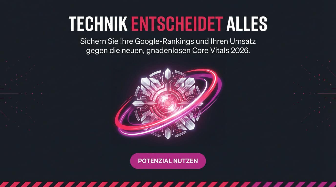 Grafik zu Core Vitals 2026 mit dem Text 'Technik entscheidet alles' und einem Tech-Symbol.