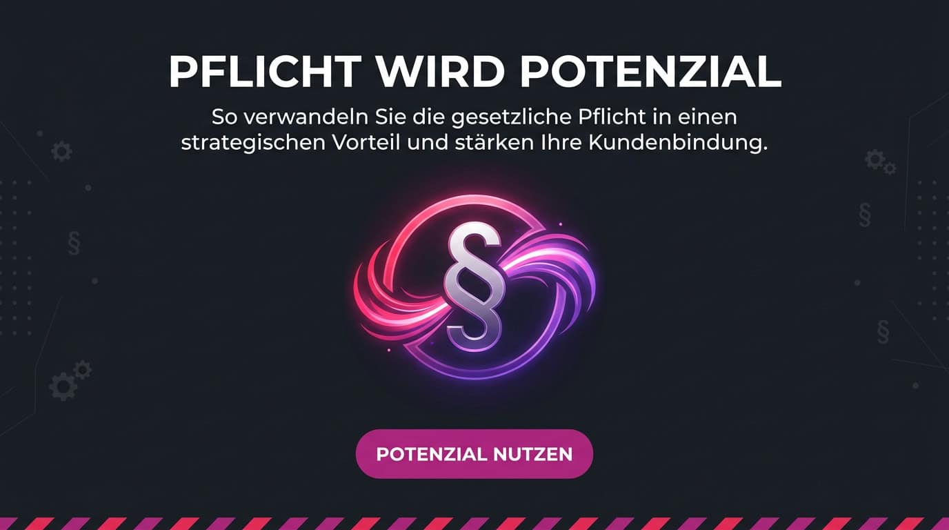 Leuchtendes Paragrafen-Zeichen (§) mit dem Slogan 'Pflicht wird Potenzial' zum Kündigungsbutton-Gesetz.
