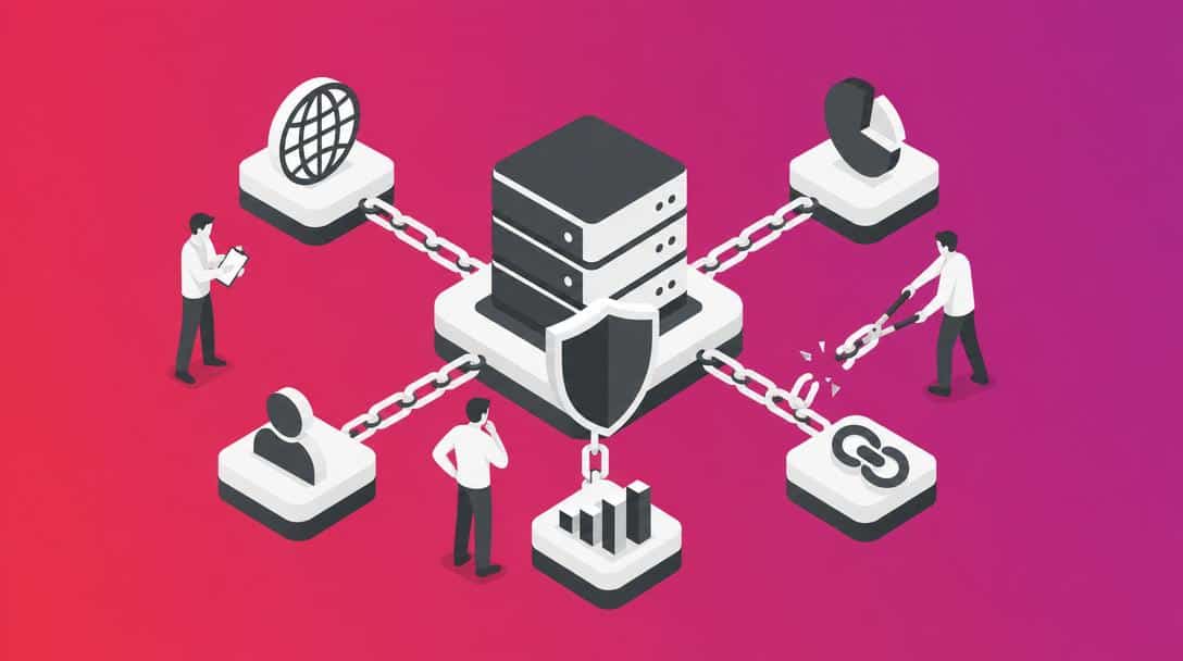 Illustration eines Servers mit Schutzschild, verbunden durch Kette mit globalem Netzwerk, Nutzerprofil, Diagrammen und einem zerbrochenen Link.