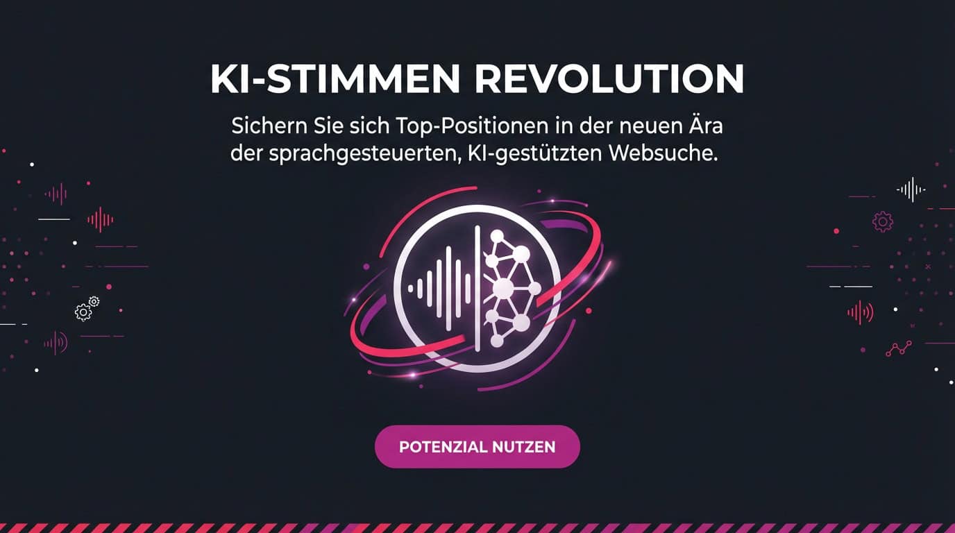 Banner: KI-Stimmen Revolution. Icon mit Schallwelle & KI-Netz für sprachgesteuerte Websuche.