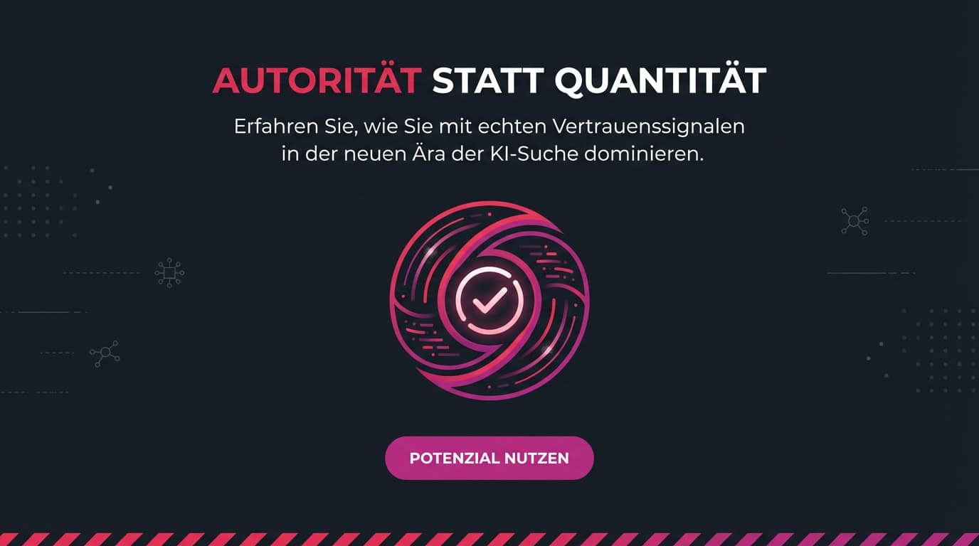 Infografik: Autorität statt Quantität bei Backlinks. Ein Vertrauens-Symbol mit Häkchen.