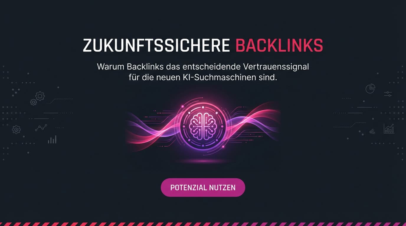 Grafik mit KI-Gehirn-Symbol und Text: Zukunftssichere Backlinks für neue KI-Suchmaschinen.