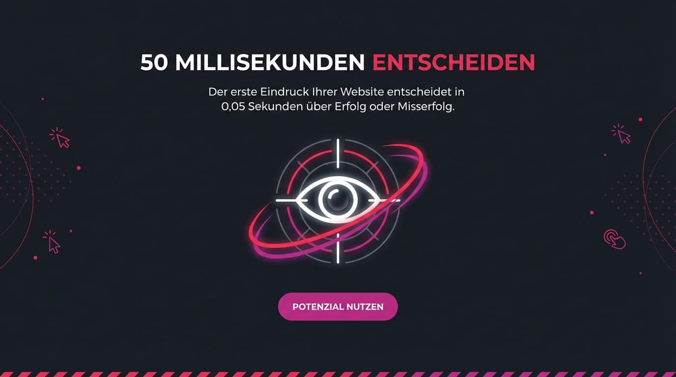Ein Auge im Fadenkreuz symbolisiert den ersten Eindruck einer Website in 50 Millisekunden.