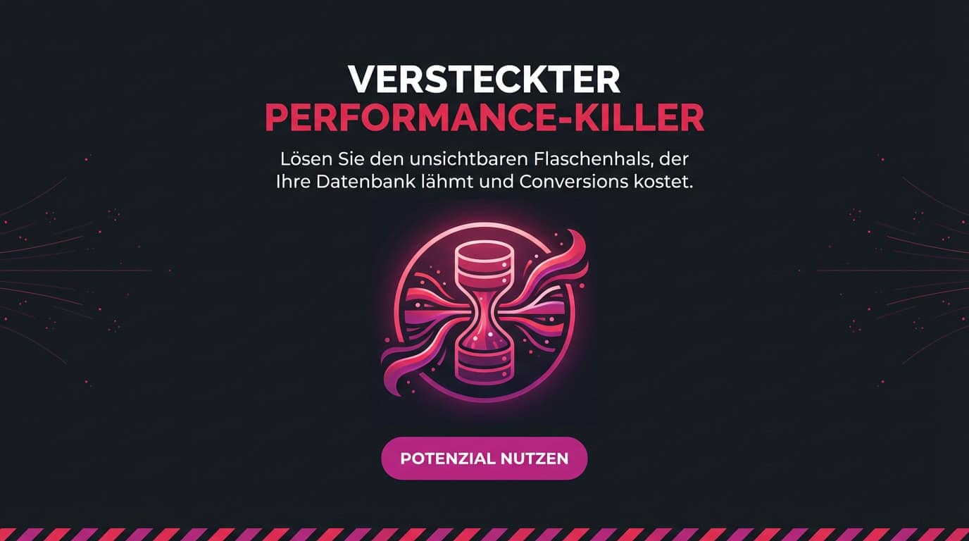 Grafik: Sanduhr als Symbol für Datenbank-Flaschenhals. Text: Versteckter Performance-Killer.