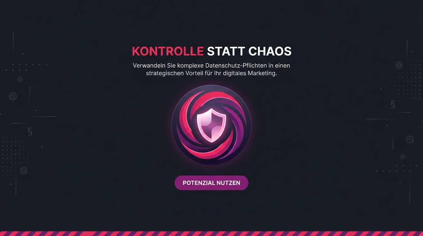 Symbolbild für Datenschutz-Kontrolle: Text "Kontrolle statt Chaos" über einem leuchtenden Schild-Icon.