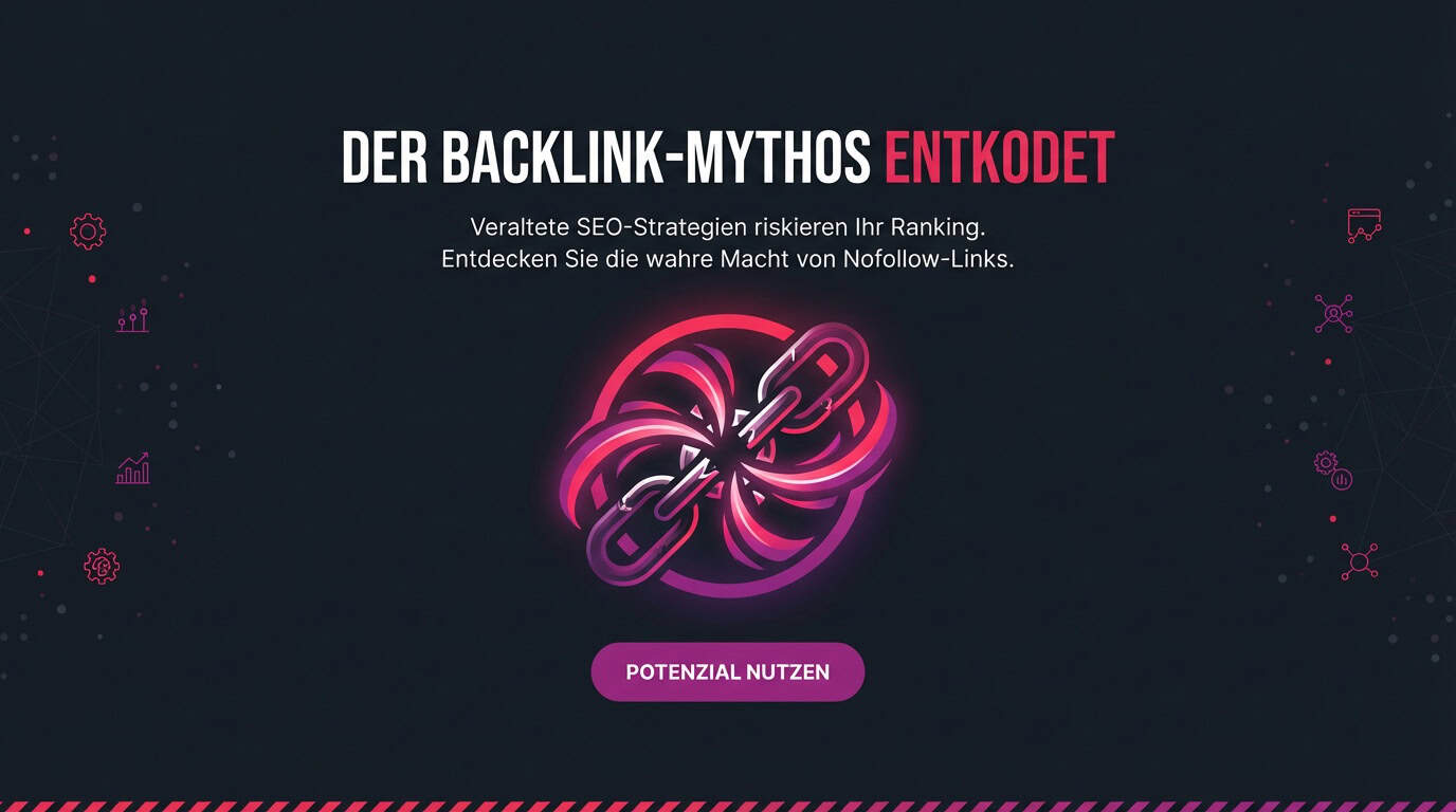 Infografik zum Backlink-Mythos mit einem zerbrechenden Kettenglied als Symbol für veraltete Regeln.