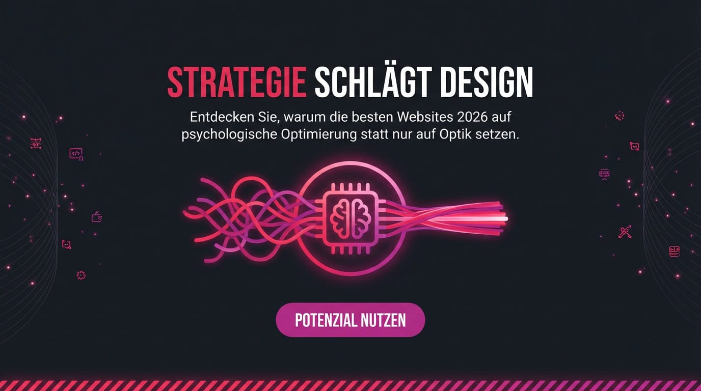 Grafik: 'Strategie schlägt Design'. Ein Gehirn in einem leuchtenden Prozessor-Chip symbolisiert das.