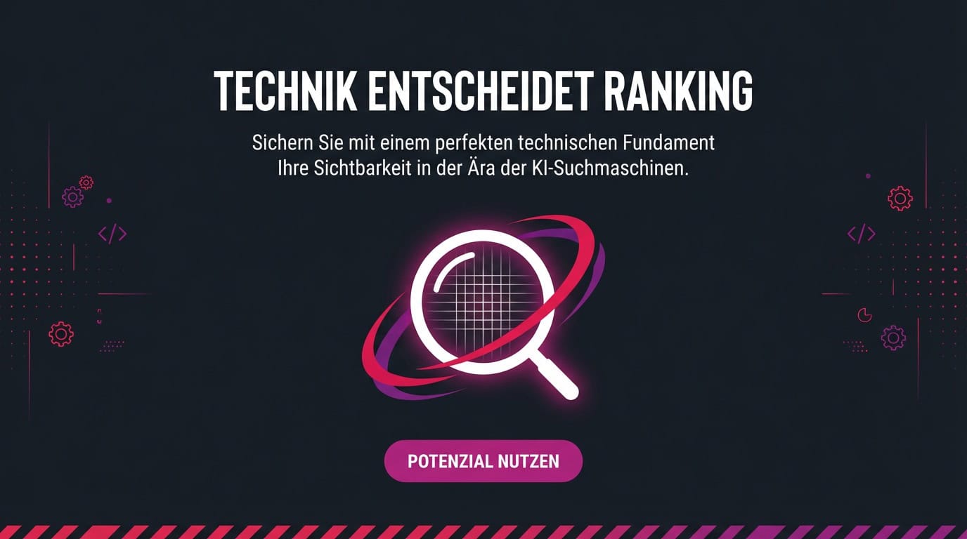 Symbolbild für technisches SEO-Audit: Eine Lupe und der Slogan 'Technik entscheidet Ranking'.