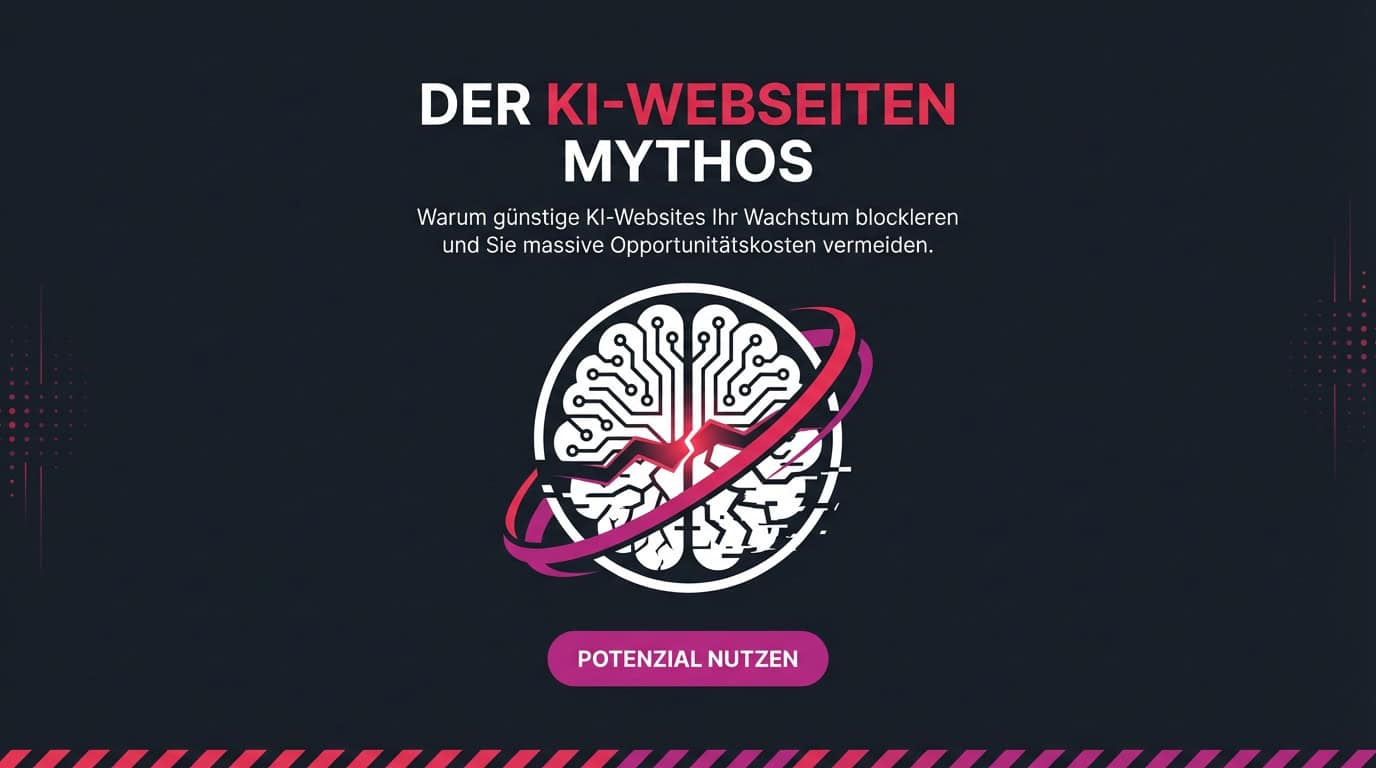 Grafik zum KI-Webseiten Mythos mit Icon eines zerbrochenen Gehirns als Symbol für deren Nachteile.