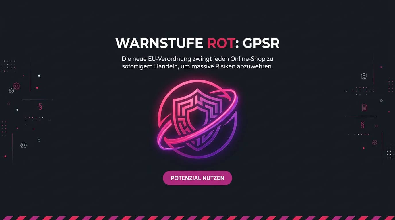 Banner zur GPSR-Verordnung mit der Warnung 'Warnstufe Rot' und einem leuchtenden Schutzschild-Symbol.