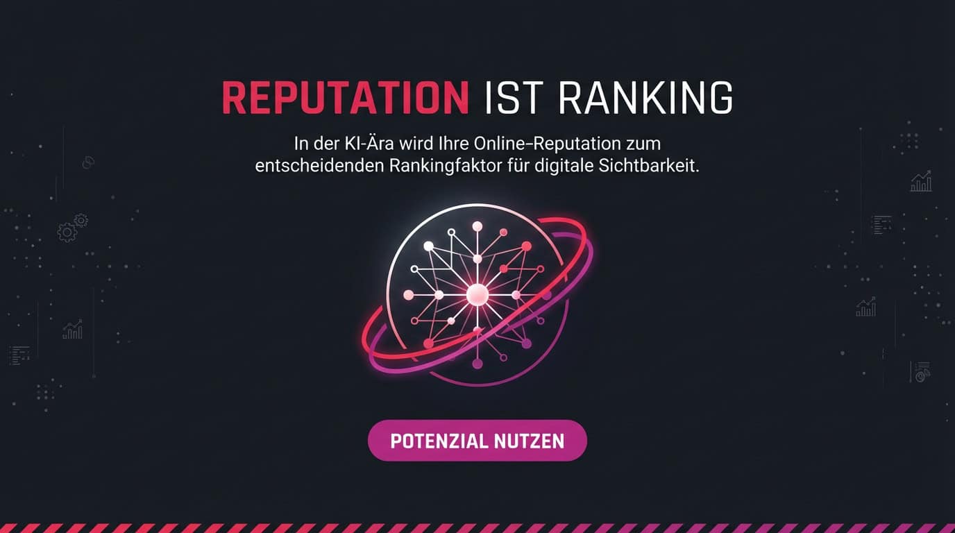 Grafik: Der Text 'Reputation ist Ranking' über einem leuchtenden Symbol für ein digitales Netzwerk.