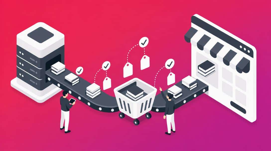 VLB Connector: Buchdaten-Automatisierung für WooCommerce Illustration zeigt Buchdaten, die von einem Server über ein Förderband in einen Warenkorb und schließlich in einen Online-Shop fließen, was die Automatisierung des VLB Connector Plugins darstellt.