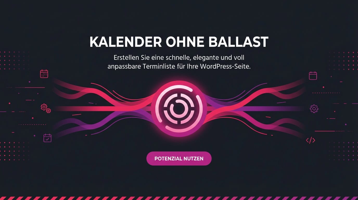 Hero-Banner für das LU Calendar Plugin mit dem Slogan: Kalender ohne Ballast für WordPress-Seiten.