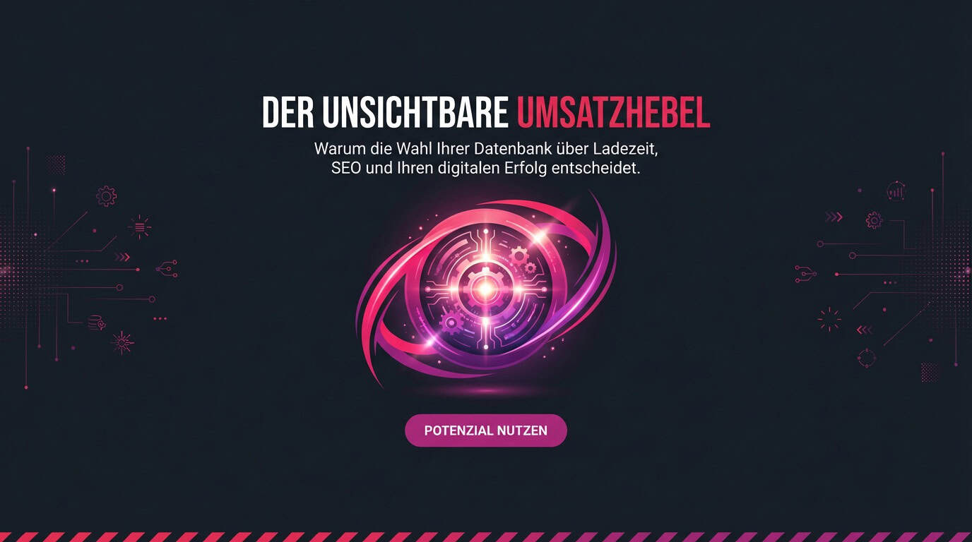 Grafik: Technisches Auge mit Text 'Der unsichtbare Umsatzhebel' zum Thema Datenbank-Performance.