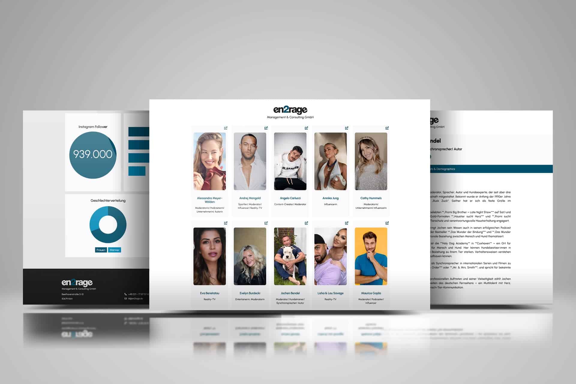 Modernes Webdesign für die Künstleragentur en2rage Eine exzellente Website ist die Visitenkarte jedes Managements. Für die en2rage GmbH haben wir einen modernen Web-Auftritt geschaffen, der VIPs perfekt inszeniert.