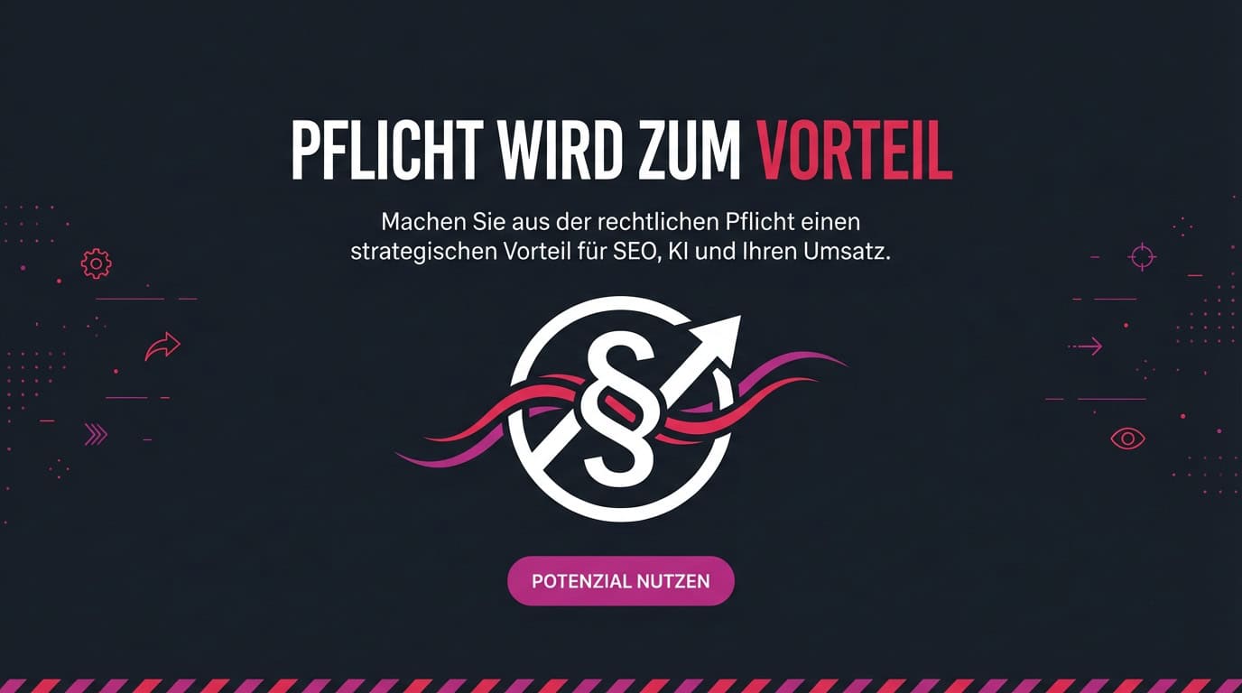 Infografik: Pflicht wird zum Vorteil. Ein Paragraph-Symbol mit aufsteigendem Pfeil symbolisiert Wachstum.