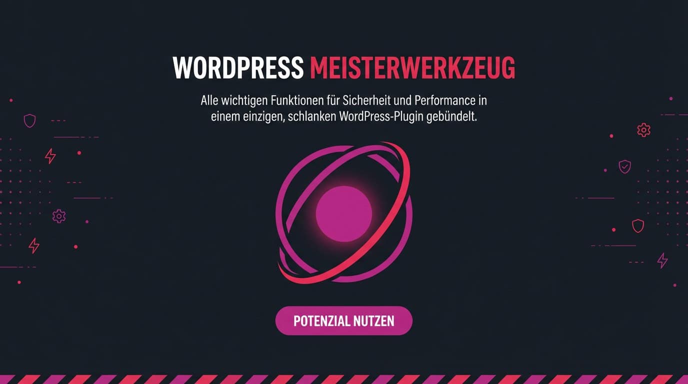 Banner für das Plugin LU Essentials mit dem Titel 'WordPress Meisterwerkzeug' und einem Atom-Symbol.