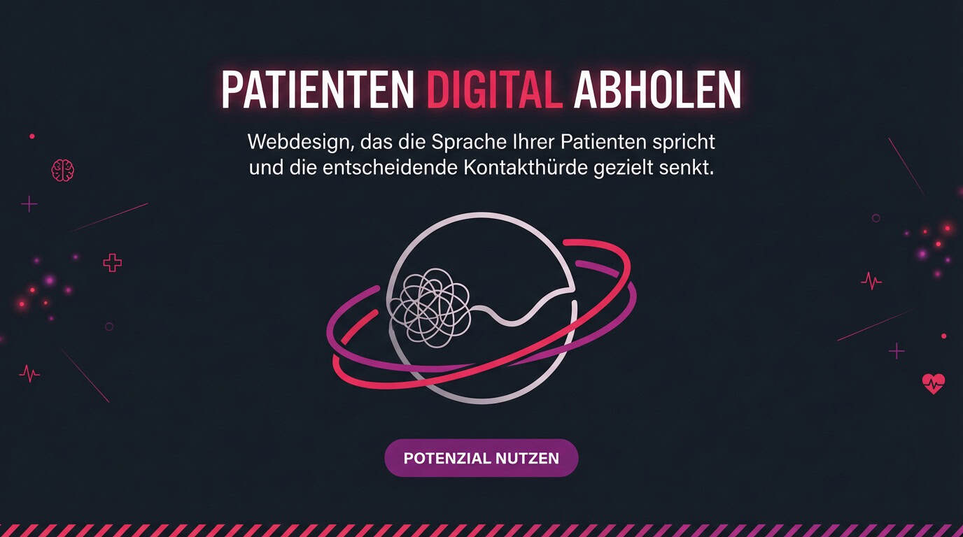 Grafik: 'Patienten digital abholen'. Symbol für die Lösung psychischer Probleme durch Webdesign.
