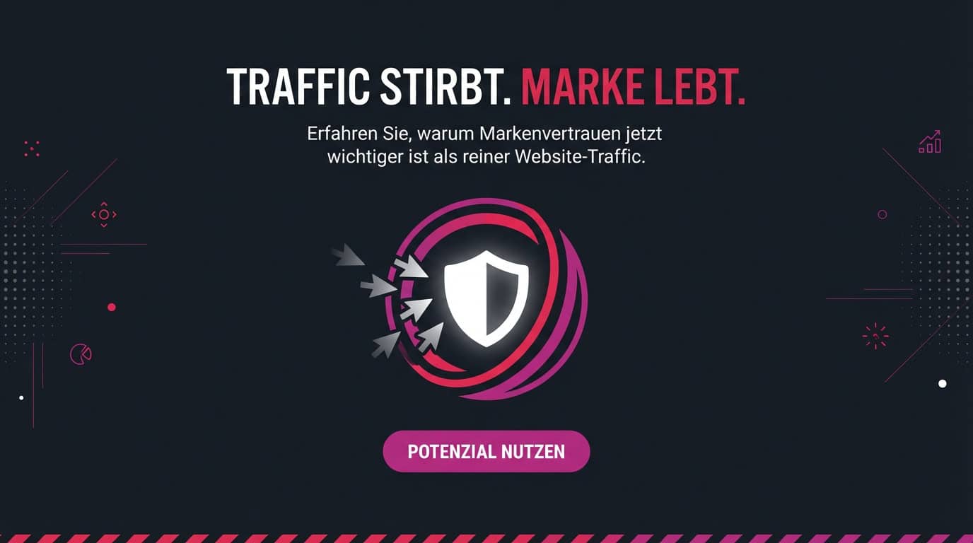 Slogan 'Traffic stirbt. Marke lebt.' über Grafik eines Schilds, das Mausklicks abwehrt.