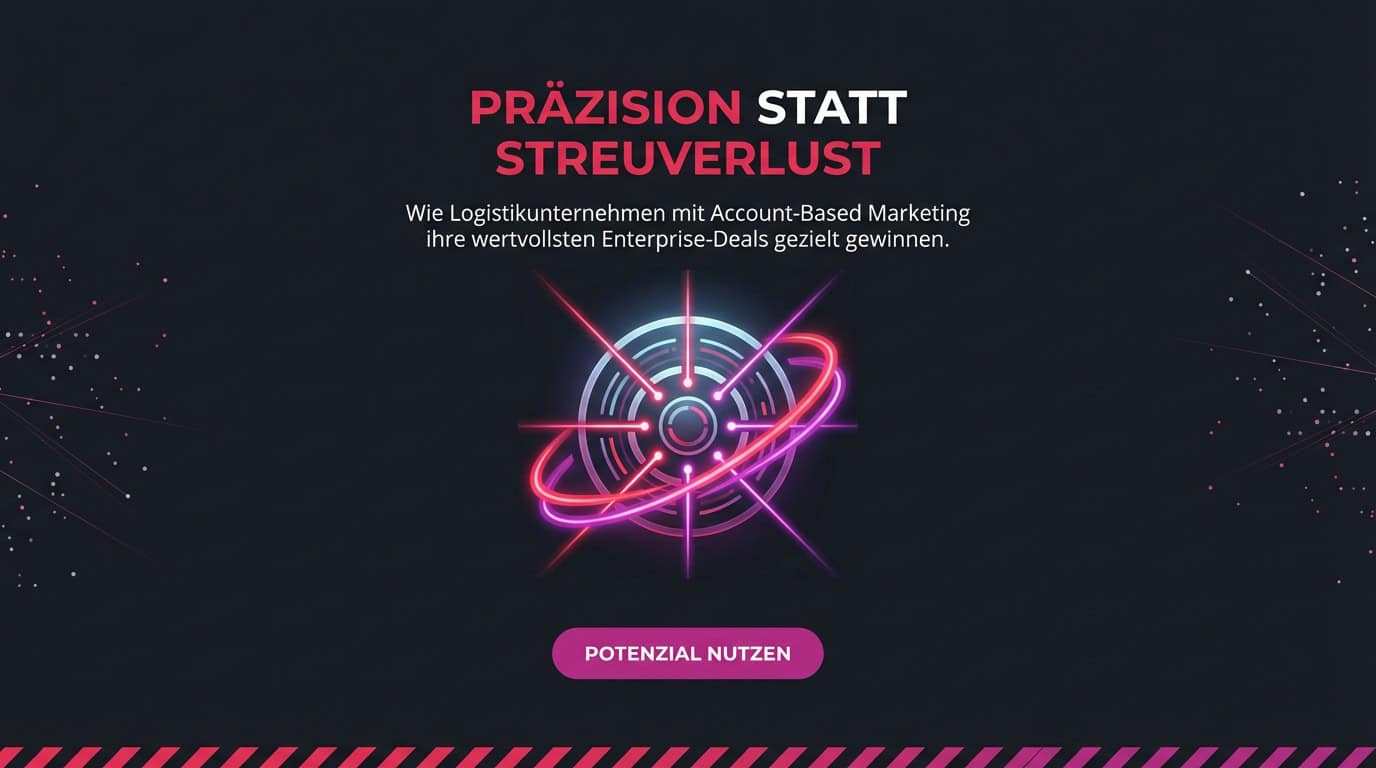 Banner mit Slogan 'Präzision statt Streuverlust' und einer leuchtenden Grafik eines Ziel-Symbols.