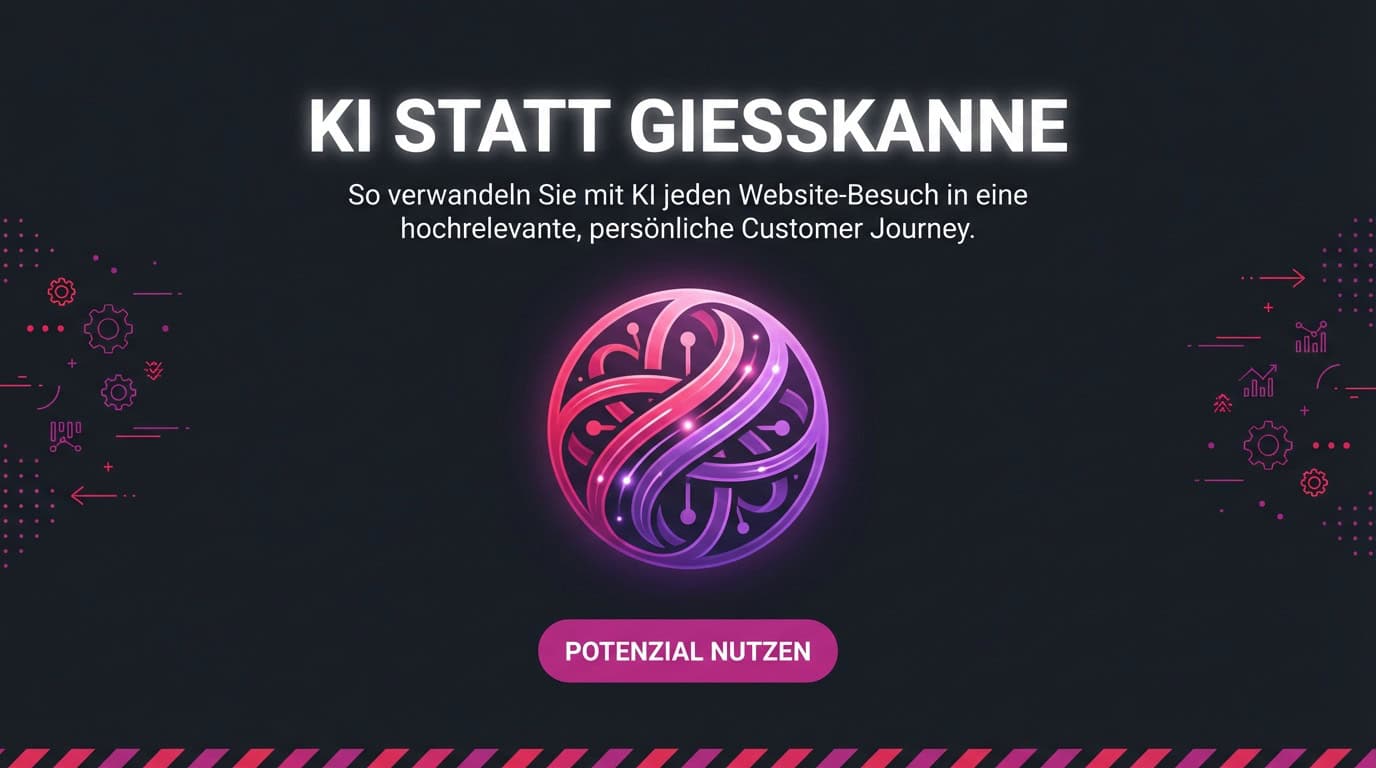 Banner mit Text 'KI statt Gießkanne' und einem Symbol, das künstliche Intelligenz darstellt.