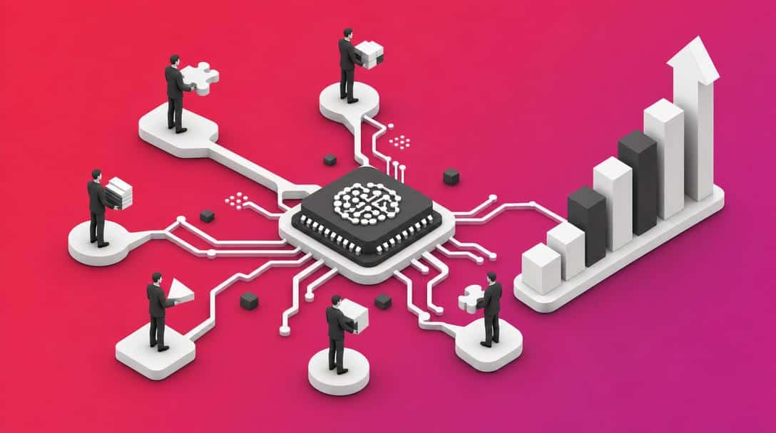 KI-Chip mit Menschen und Wachstumsgrafik Abstrakte Darstellung von KI-gesteuerter Hyper-Personalisierung im B2B: Menschen bauen mit Bausteinen und Puzzleteilen ein System um einen KI-Chip auf, der mit einer Wachstumsgrafik verbunden ist.