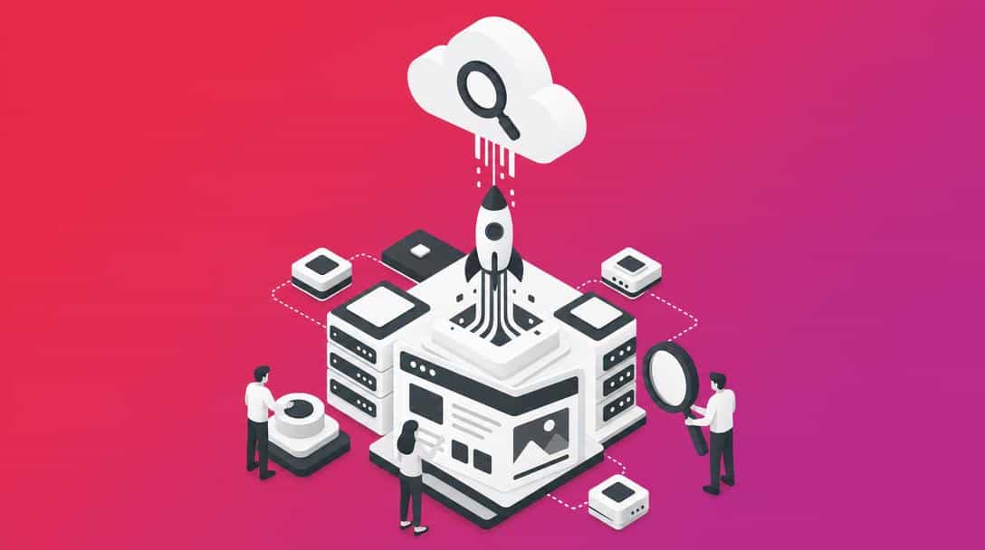 IndexNow Plugin: Sofortige Indexierung & bessere SEO Illustration zeigt Rakete startet von Servern in eine Suchwolke; Symbolisiert schnelle Indexierung und SEO-Verbesserung durch IndexNow-Plugin.