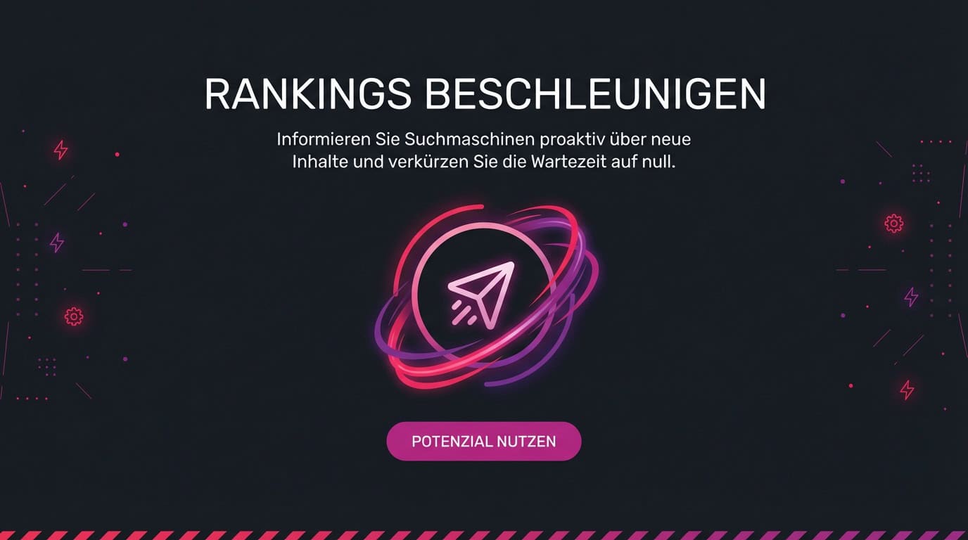 Grafik mit Text "Rankings beschleunigen" und einem Icon, das die schnelle Übermittlung von Inhalten symbolisiert.