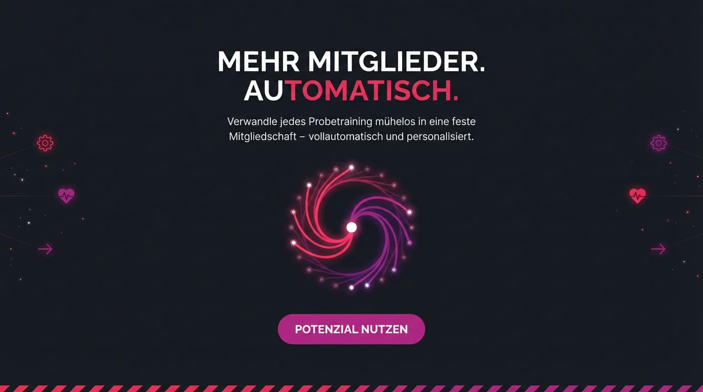 Banner: Mehr Mitglieder. Automatisch. Eine leuchtende Spirale symbolisiert den automatisierten Prozess.