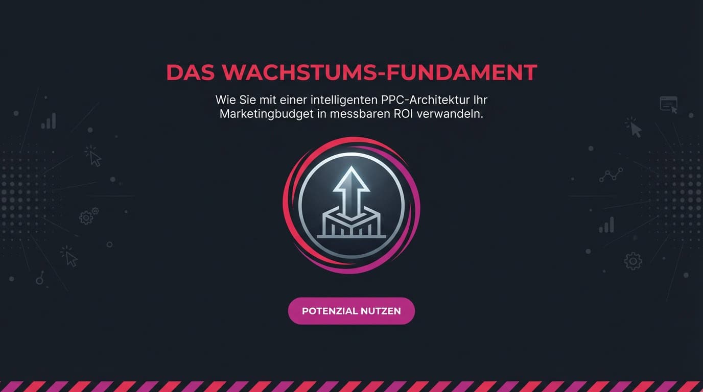Infografik zum Thema PPC-Architektur mit einem Icon, das Wachstum aus einem Fundament symbolisiert.