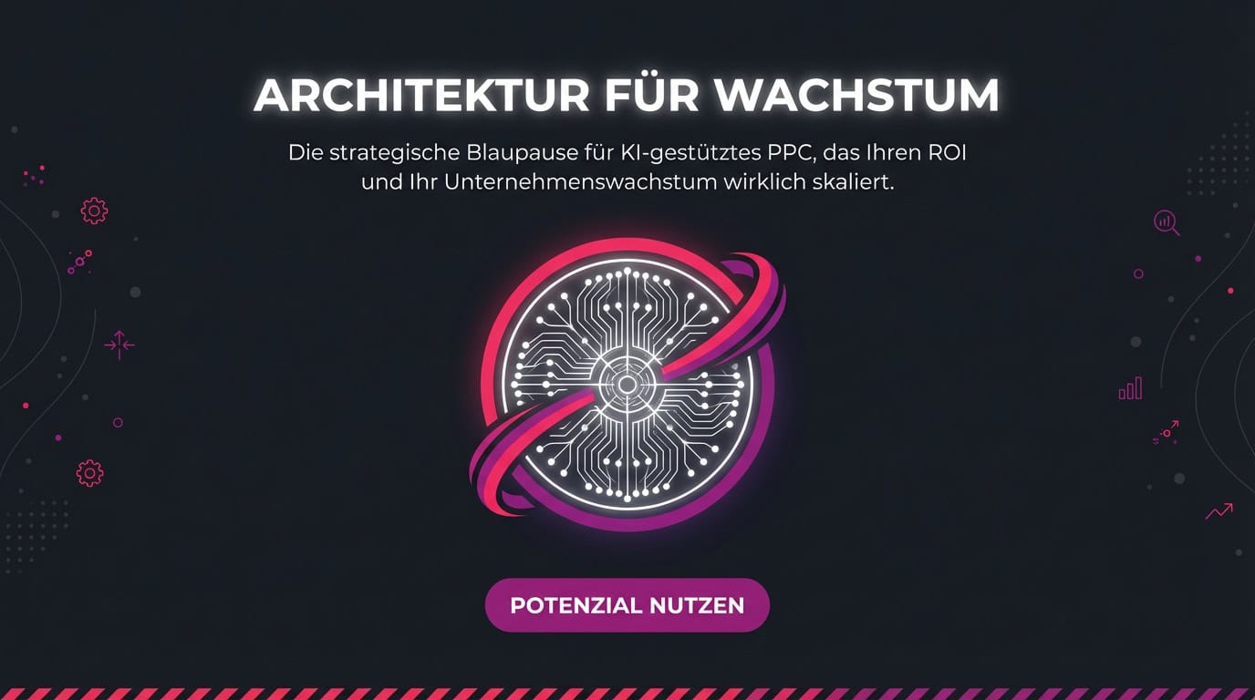 Symbol eines neuronalen Netzes mit Text: Architektur für Wachstum durch KI-gestütztes PPC-Marketing.