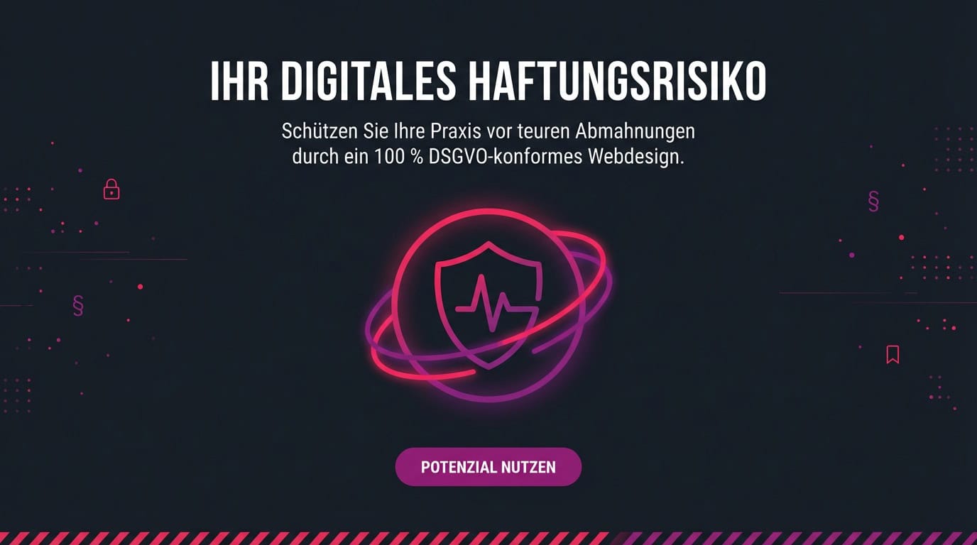 Grafik zum digitalen Haftungsrisiko mit Schutzschild-Icon, das Sicherheit im Webdesign für Ärzte symbolisiert.