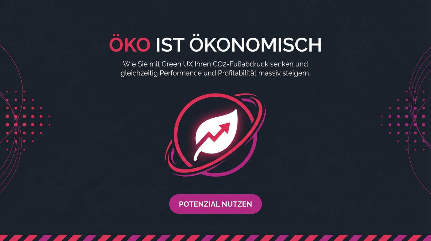 Grafik zu Green UX: Headline 'Öko ist ökonomisch' mit Icon eines Blattes mit Wachstumspfeil.