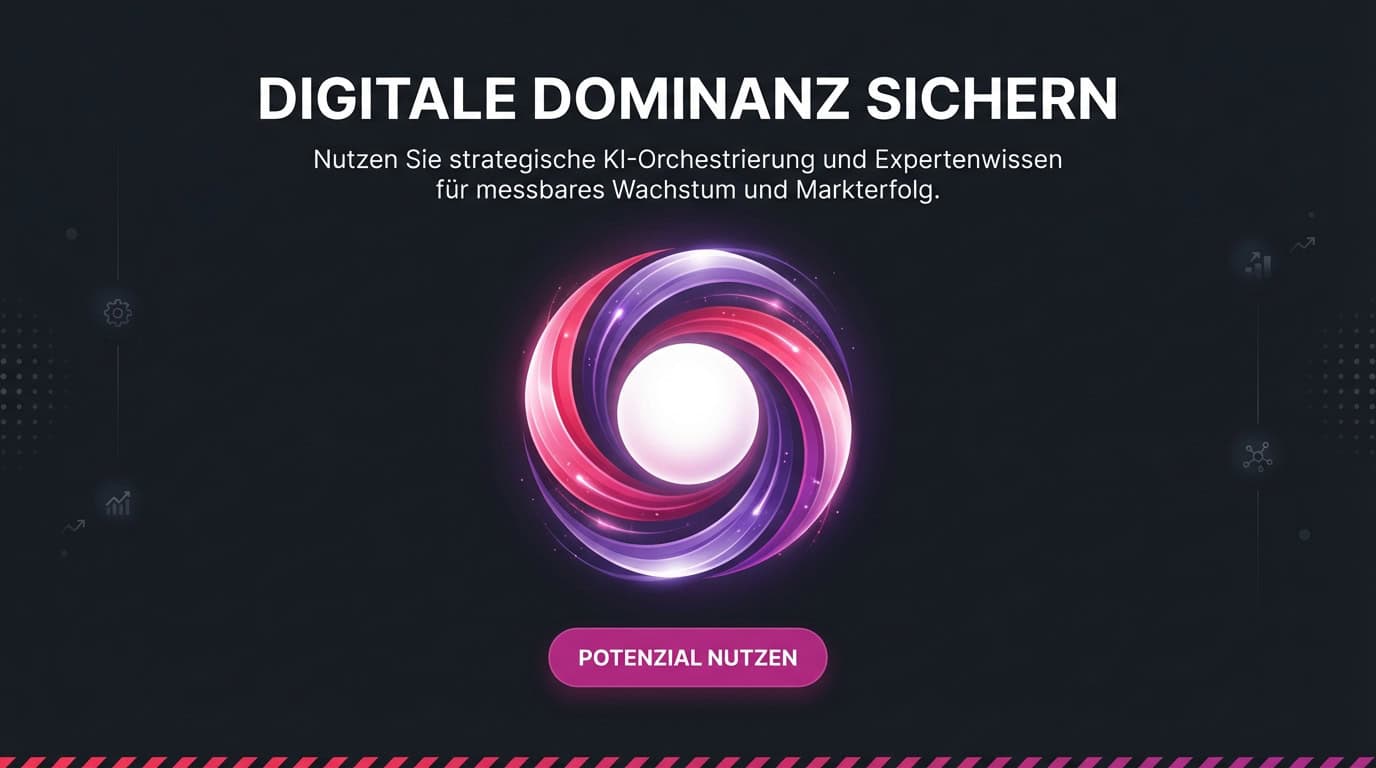 Abstrakte Grafik einer leuchtenden Kugel als Symbol für KI-Orchestrierung und digitalen Markterfolg.