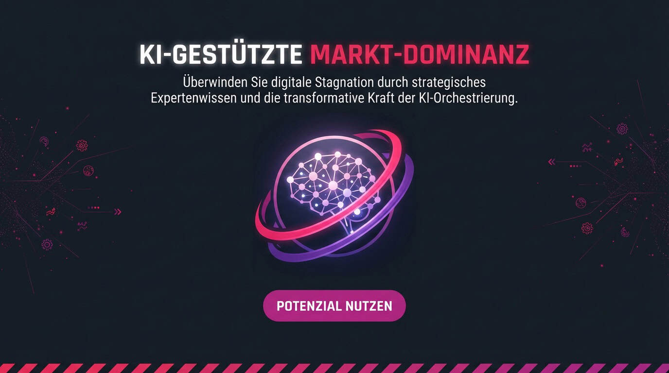 Grafik: 'KI-gestützte Markt-Dominanz' mit leuchtendem Icon eines von Ringen umkreisten Gehirns.