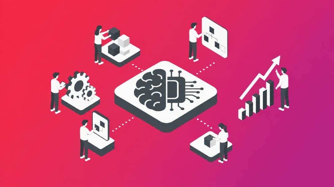 Illustration von KI als Gehirn mit Chip, verbunden mit Prozessen wie Datenmanagement, Wachstumsgraphen und Teamarbeit.