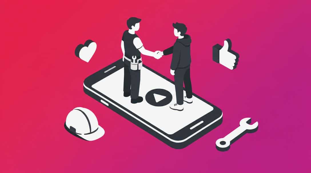 Zwei Männer schütteln sich die Hand auf einem Smartphone-Bildschirm, umgeben von Social Media Symbolen und Werkzeugen.