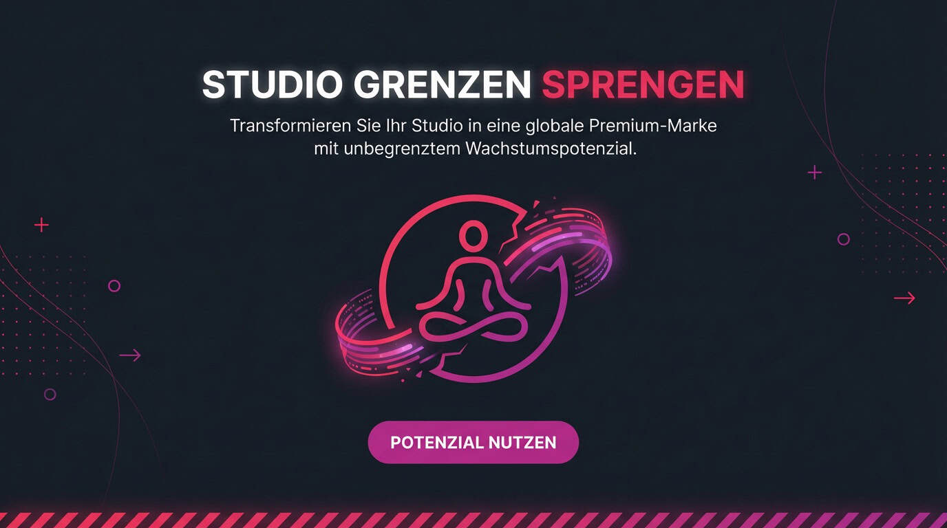 Grafik: 'Studio Grenzen Sprengen'. Eine Yoga-Figur durchbricht einen Kreis als Symbol für Wachstum.