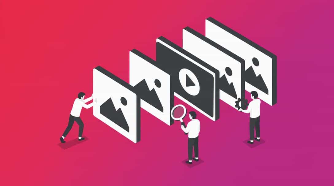 LU Carousel Slider Plugin – Bilder und Videos verwalten Drei Personen interagieren mit einer Reihe von Bild- und Videokarten, die eine Galerie oder ein Karussell darstellen.