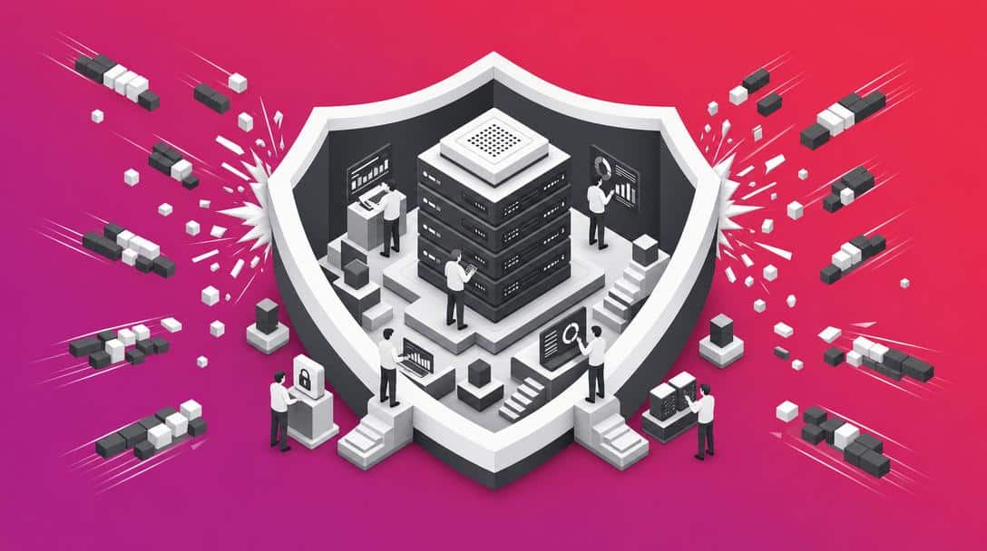 LU DoS Shield Plugin: Schutz vor DDoS-Angriffen Illustration eines Servers hinter einem Schutzschild, der von Paketen angegriffen wird; LU DoS Shield schützt vor DDoS-Attacken.