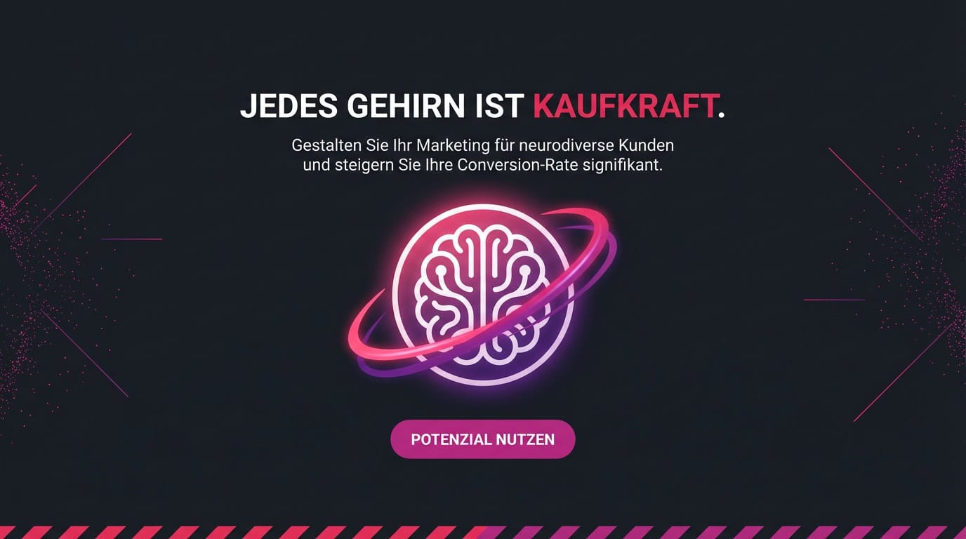 Grafik mit leuchtendem Gehirn-Icon und Text: Jedes Gehirn ist Kaufkraft. Marketing für Neurodiverse.