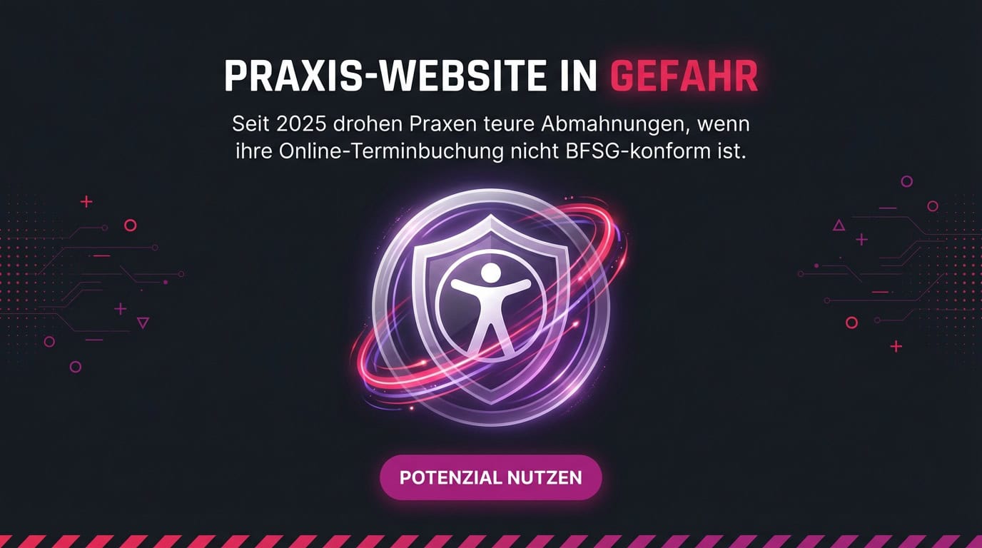 Warn-Grafik: Text 'Praxis-Website in Gefahr' mit einem Schutzschild und Barrierefreiheits-Symbol.