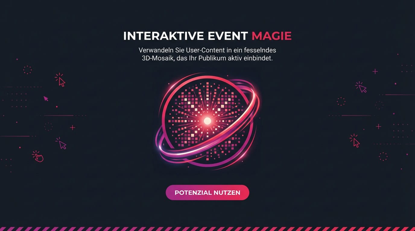 Leuchtende Kugel aus Kacheln als 3D-Mosaik mit dem Text „Interaktive Event Magie“.