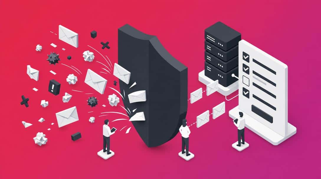 LU Avada Form Guard Spam Schutz Illustration Illustration zeigt E-Mails, die von einem Schild vor einem Server und einer Checkliste abgeblockt werden, symbolisiert Spam-Schutz für Avada Forms.